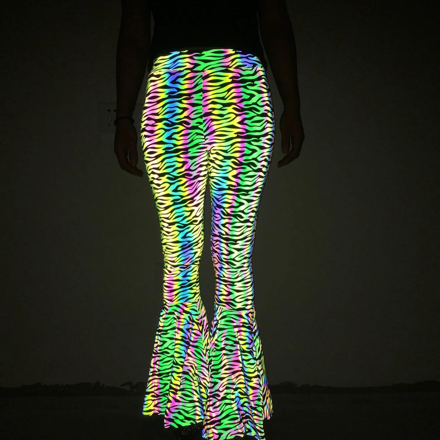 Reflective High-Waisted Bell-Bottom Wide Leg Pants for EDM Raves and Festivals