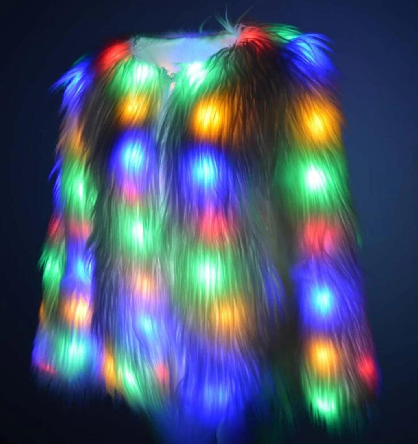 Women Faux Fur Outwear Winter Light Up Burning Glow Fluffy Sparking Rainbow LED Costume Waistcoat