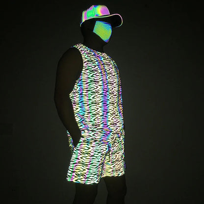 Bright Reflective Tank Top and Knit Track Shorts for Festival Vibes