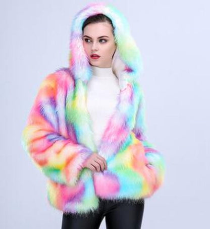 Women Faux Fur Outwear Winter Light Up Burning Glow Fluffy Sparking Rainbow LED Costume Waistcoat