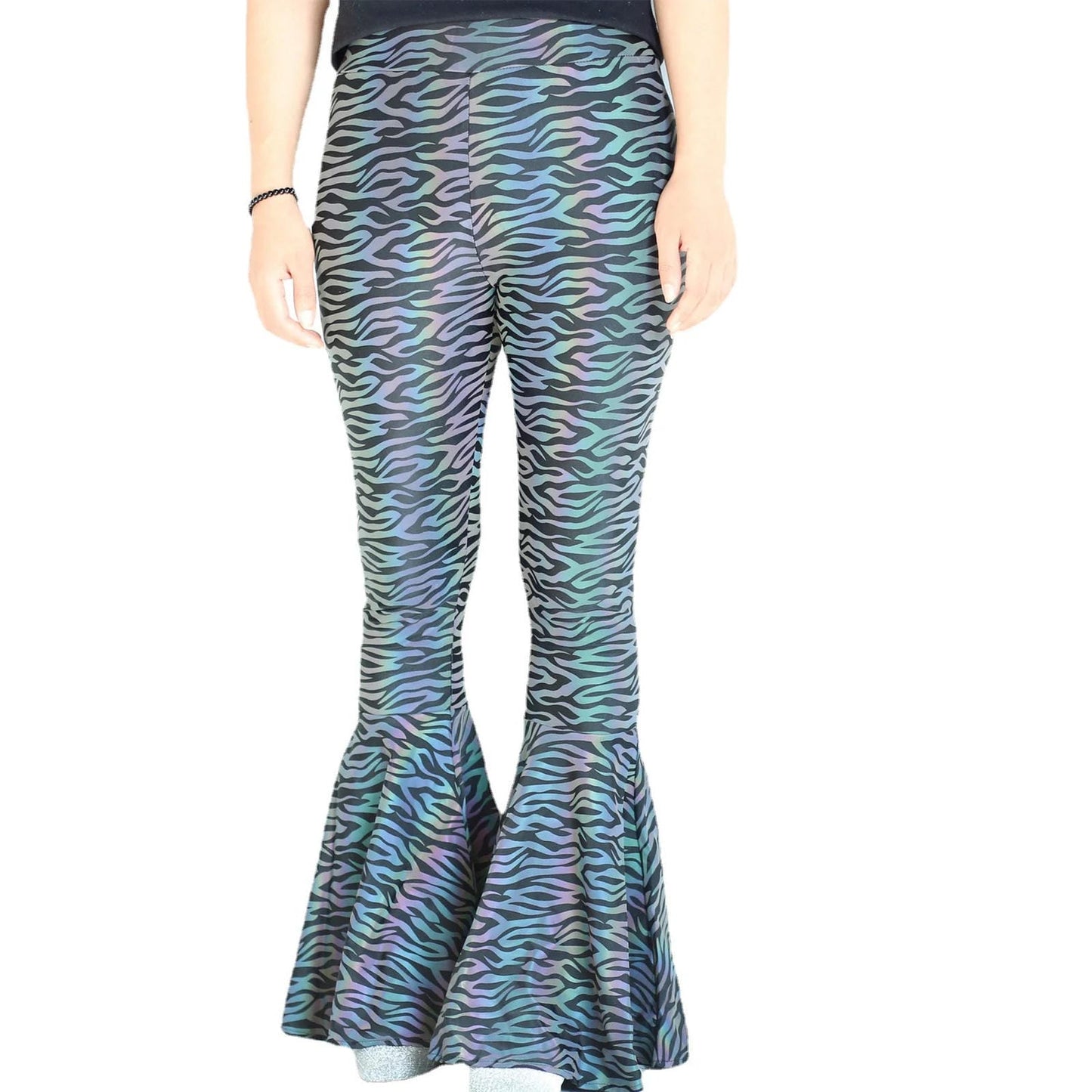 Reflective High-Waisted Bell-Bottom Wide Leg Pants for EDM Raves and Festivals