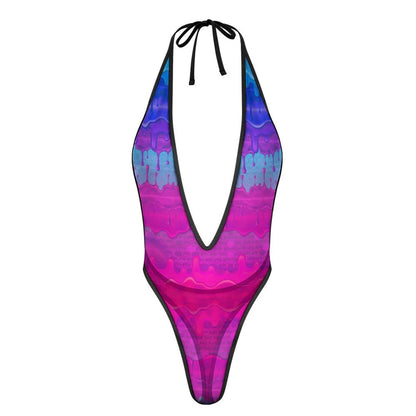 Sexy Swimsuit Women's Extreme One-Piece Mesh Revealing Swimwear Deep V Cleavage Thong Bottom Booty Quick Dry Tie-On Bathing Suit
