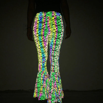 Reflective High-Waisted Bell-Bottom Wide Leg Pants for EDM Raves and Festivals