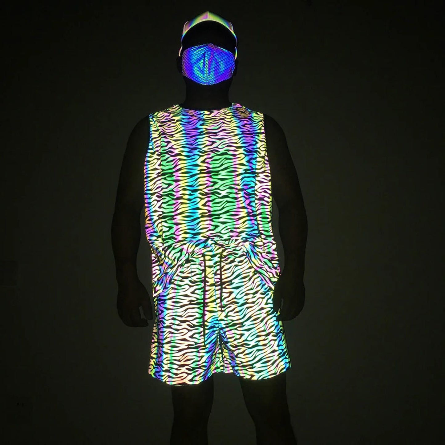 Bright Reflective Tank Top and Knit Track Shorts for Festival Vibes
