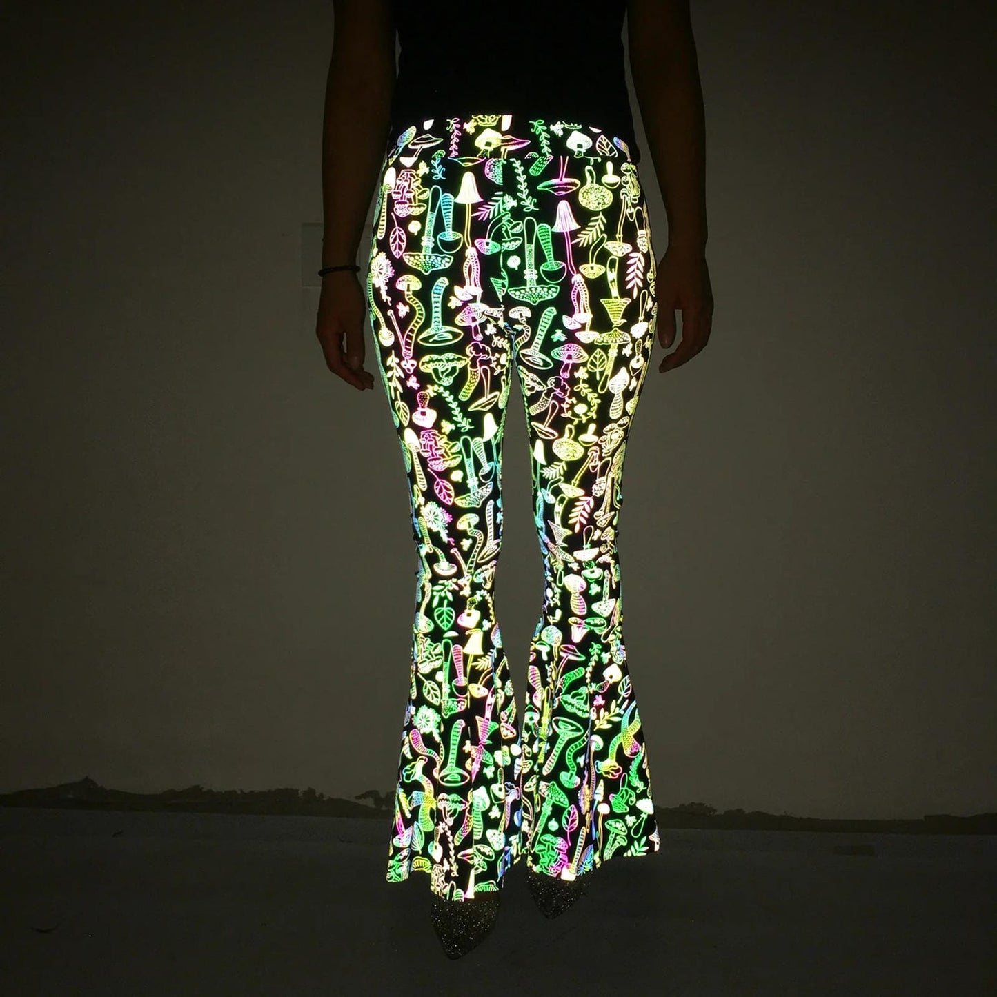 Reflective High-Waisted Bell-Bottom Wide Leg Pants for EDM Raves and Festivals