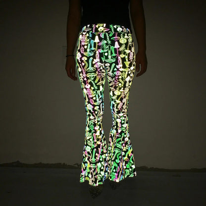 Reflective High-Waisted Bell-Bottom Wide Leg Pants for EDM Raves and Festivals