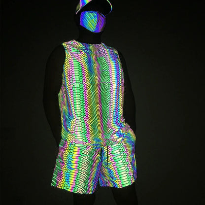 Bright Reflective Tank Top and Knit Track Shorts for Festival Vibes