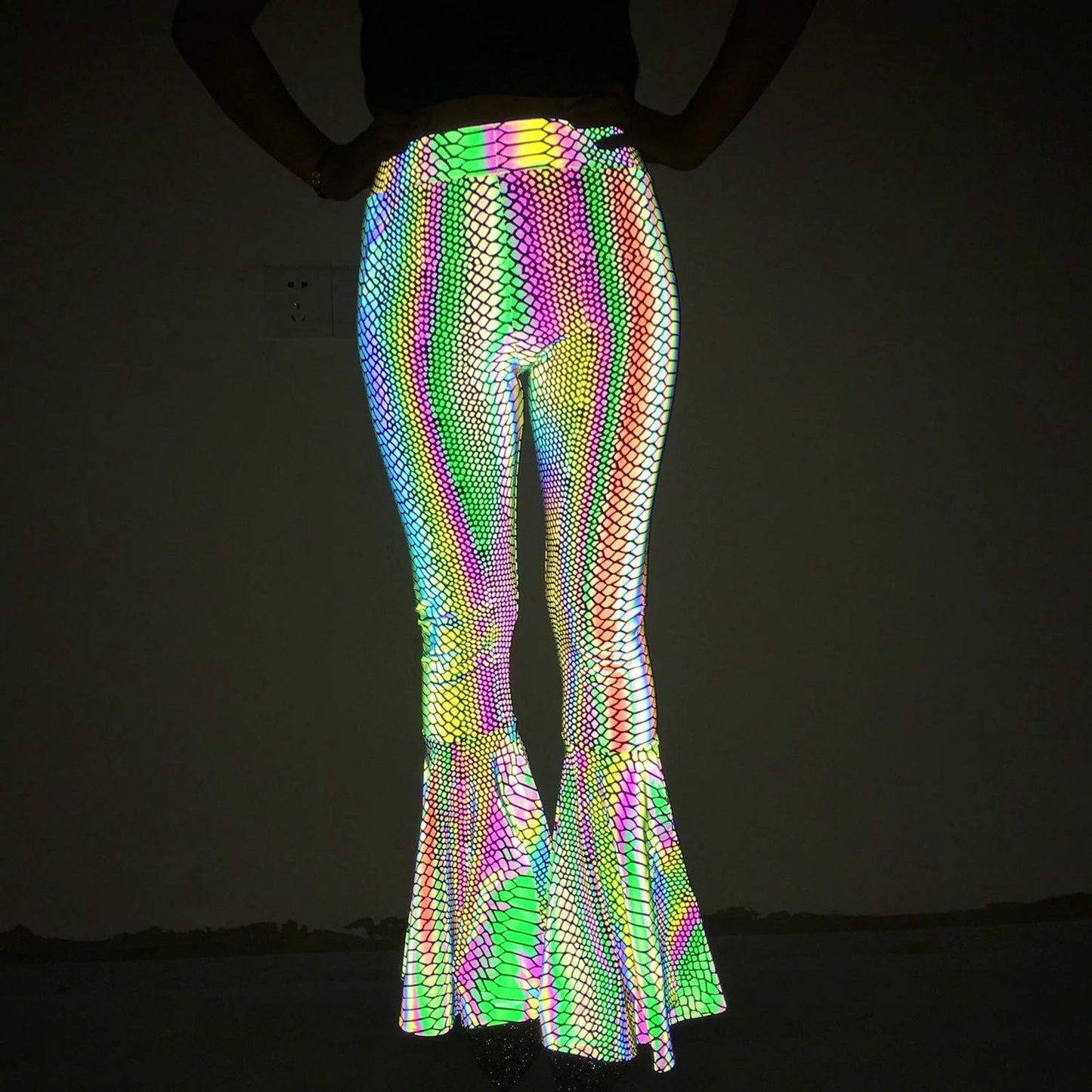 Reflective High-Waisted Bell-Bottom Wide Leg Pants for EDM Raves and Festivals