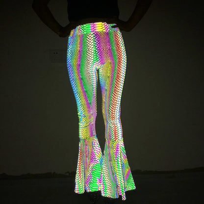 Reflective High-Waisted Bell-Bottom Wide Leg Pants for EDM Raves and Festivals