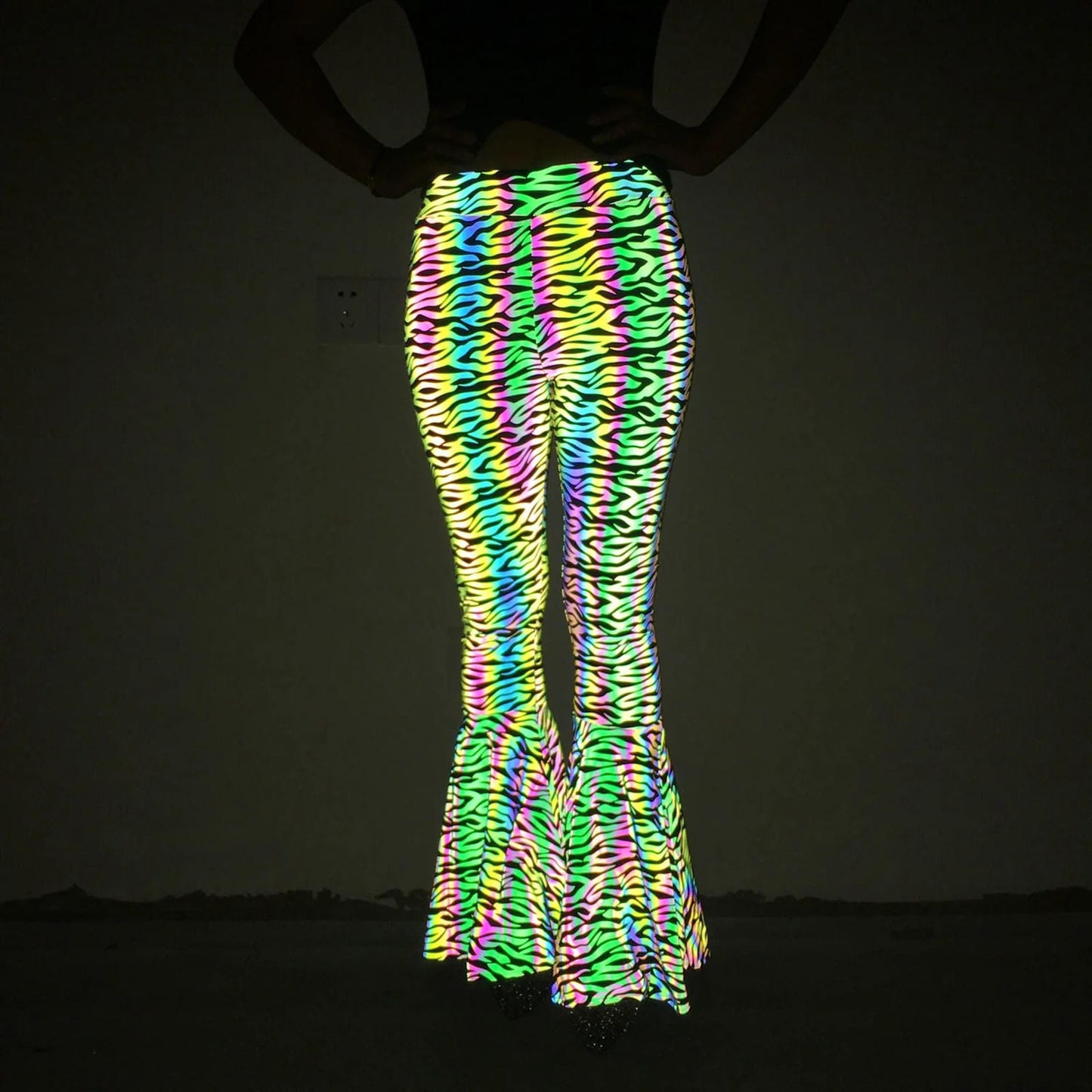 Reflective High-Waisted Bell-Bottom Wide Leg Pants for EDM Raves and Festivals