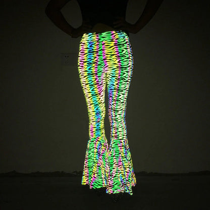 Reflective High-Waisted Bell-Bottom Wide Leg Pants for EDM Raves and Festivals