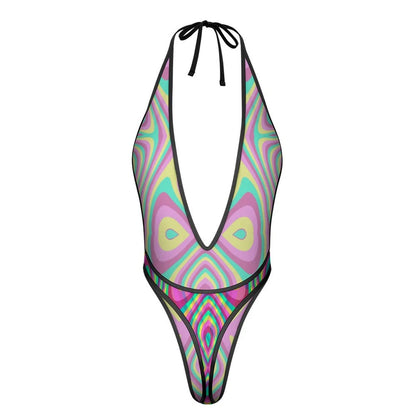 Sexy Swimsuit Women's Extreme One-Piece Mesh Revealing Swimwear Deep V Cleavage Thong Bottom Booty Quick Dry Tie-On Bathing Suit