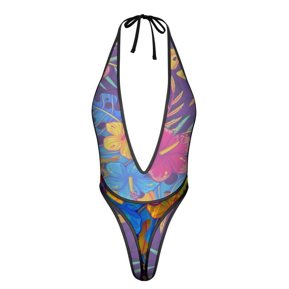 Sexy Swimsuit Women's Extreme One-Piece Mesh Revealing Swimwear Deep V Cleavage Thong Bottom Booty Quick Dry Tie-On Bathing Suit