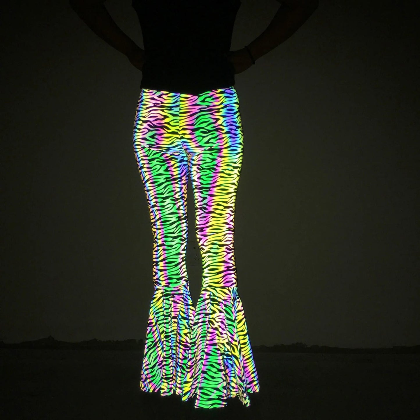 Reflective High-Waisted Bell-Bottom Wide Leg Pants for EDM Raves and Festivals