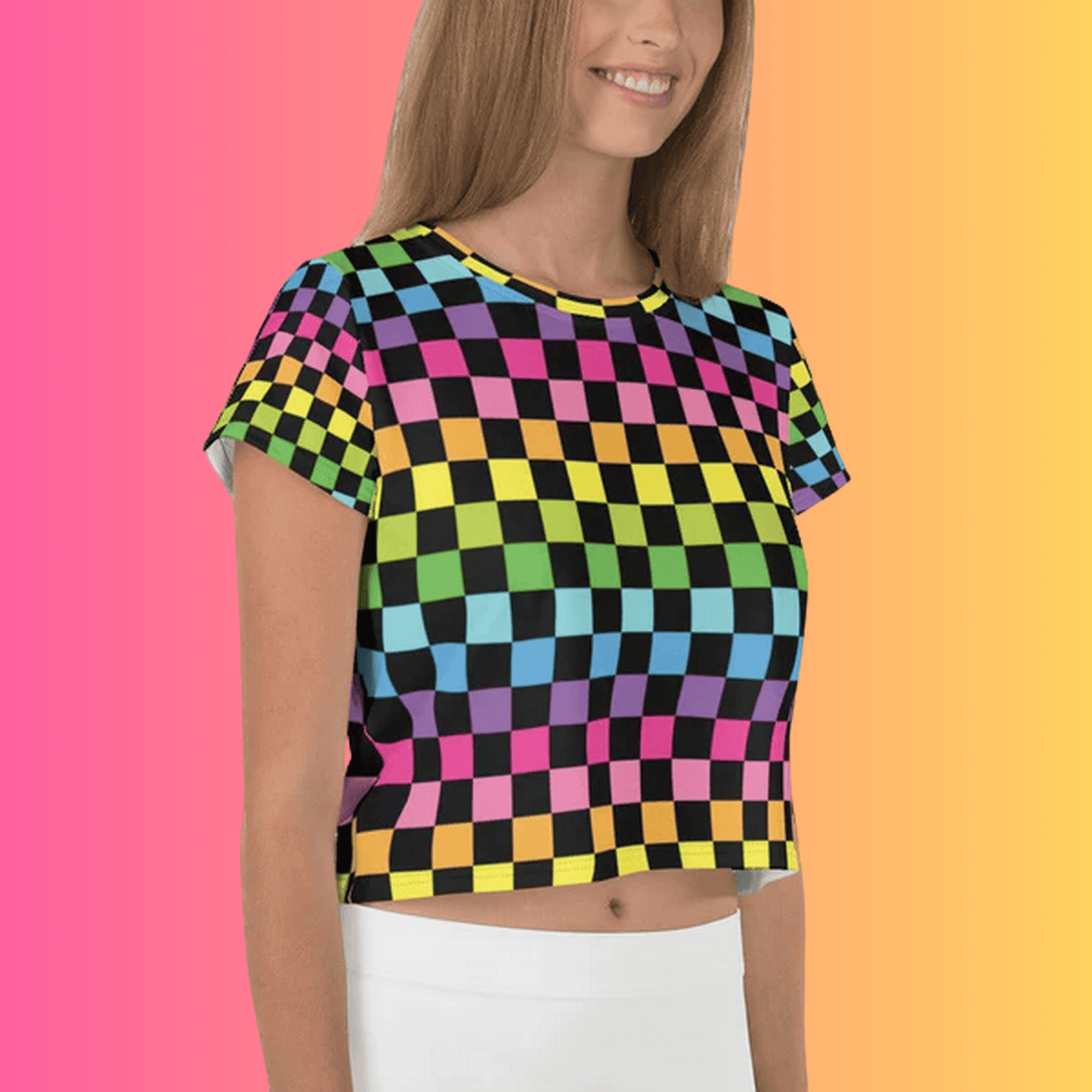 Vibrant Neon Checkered Crop Tee - Must-Have for Festival Vibes