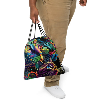 Neon Trippy Cat Drawstring Bag