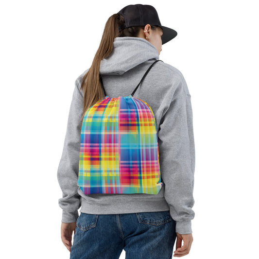 Neon Plaid Drawstring Bag for Festivals