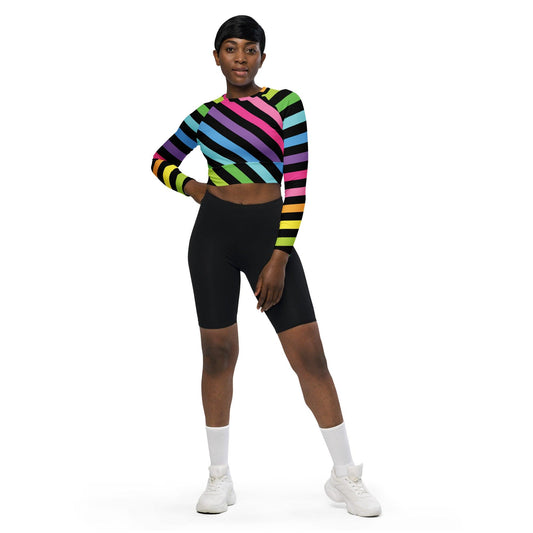 Neon Rainbow Stripe Long-Sleeve Crop Top