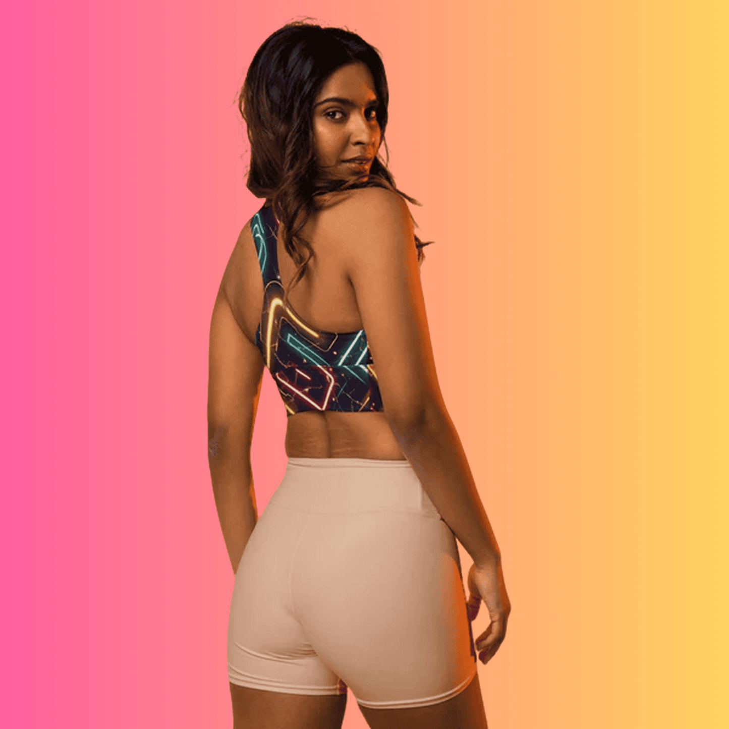 Neon Abstract Longline Sports Bra - Essential for Vibrant Festival Vibes