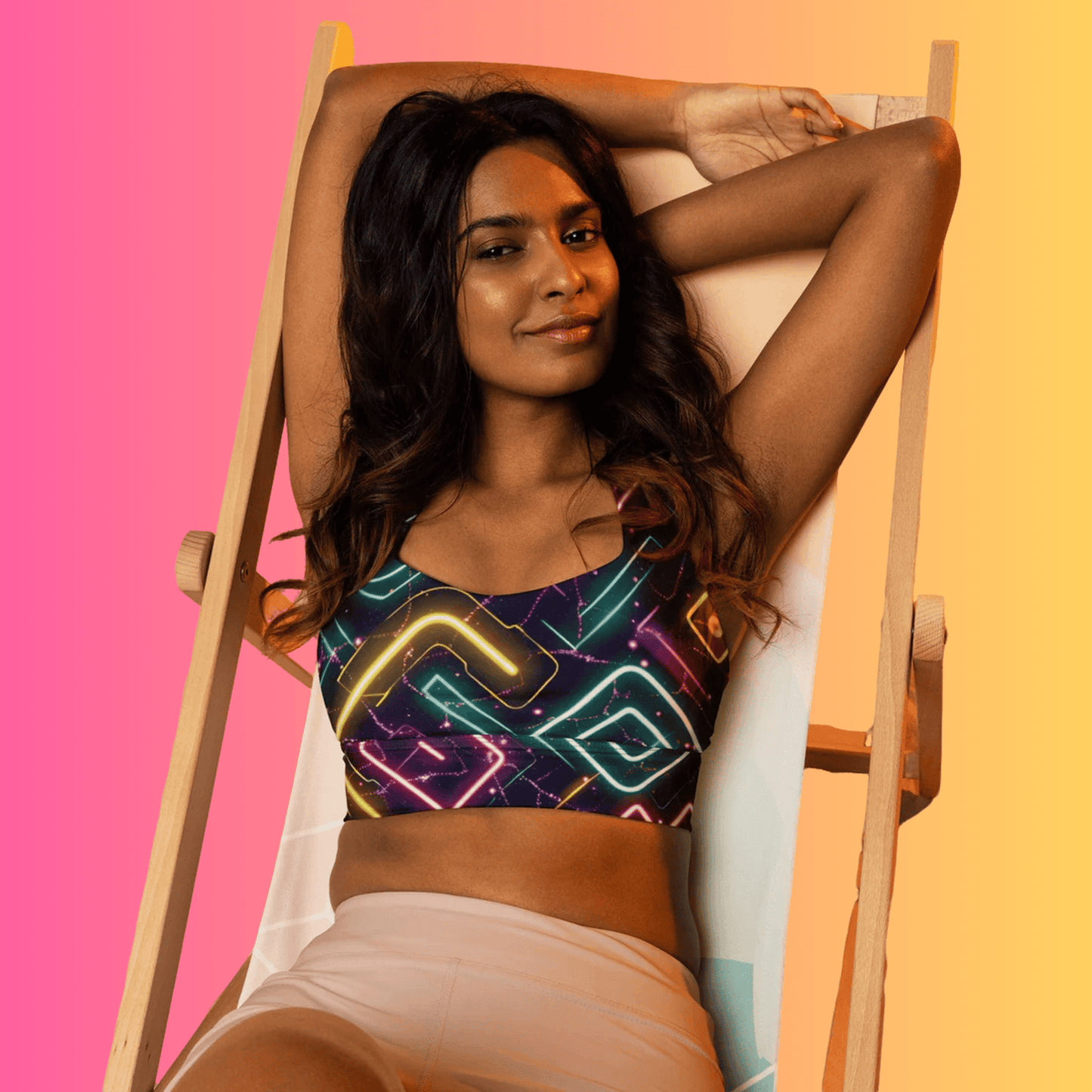 Neon Abstract Longline Sports Bra - Essential for Vibrant Festival Vibes