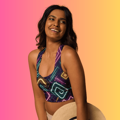 Neon Abstract Longline Sports Bra - Essential for Vibrant Festival Vibes