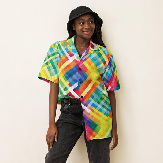 Vibrant Neon Plaid Button-Up Shirt for Raves & Festivals