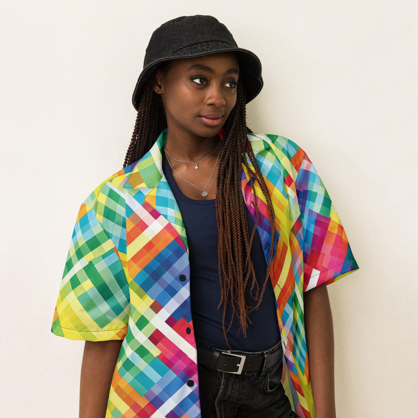 Vibrant Neon Plaid Button-Up Shirt for Raves & Festivals