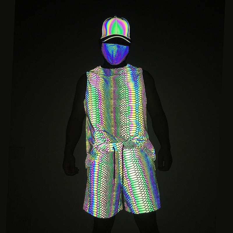 Bright Reflective Tank Top and Knit Track Shorts for Festival Vibes