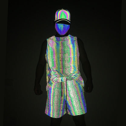Bright Reflective Tank Top and Knit Track Shorts for Festival Vibes