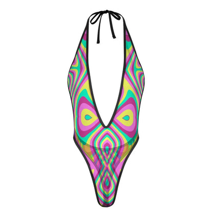 Sexy Swimsuit Women's Extreme One-Piece Mesh Revealing Swimwear Deep V Cleavage Thong Bottom Booty Quick Dry Tie-On Bathing Suit