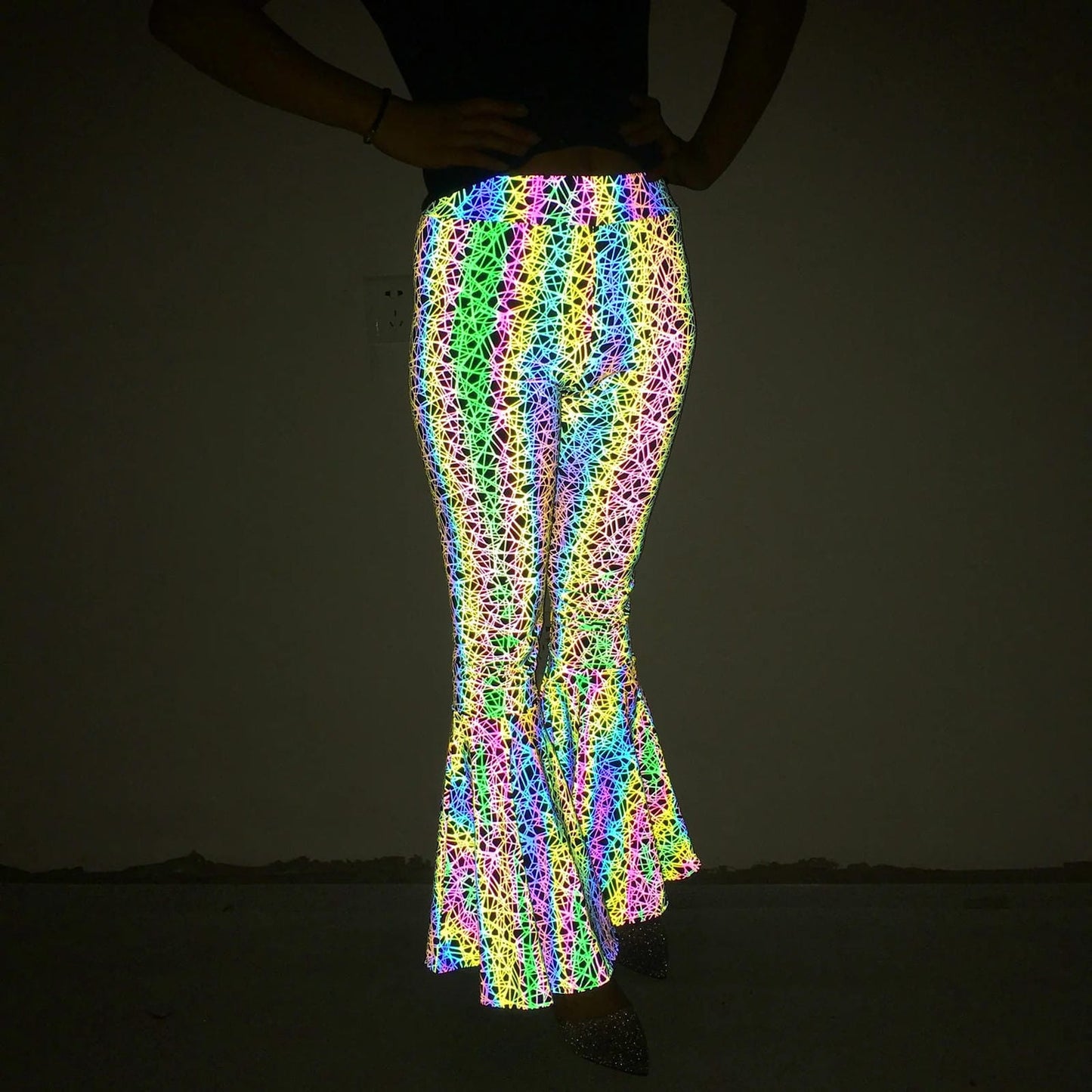 Reflective High-Waisted Bell-Bottom Wide Leg Pants for EDM Raves and Festivals