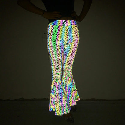 Reflective High-Waisted Bell-Bottom Wide Leg Pants for EDM Raves and Festivals